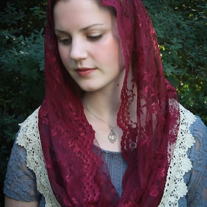 Evintage Veils~ READY TO SHIP Chantilly Soft Burgundy/Gold Lace Infinity  Veil Vintage Inspired Lace Chapel Veil Scarf Mantilla