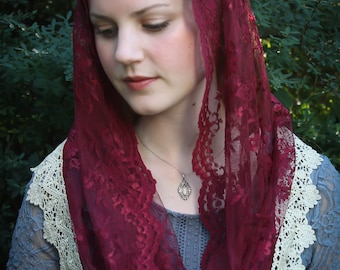 Evintage Veils~ READY TO SHIP Chantilly Soft Burgundy/Gold Lace Infinity  Veil Vintage Inspired Lace Chapel Veil Scarf Mantilla