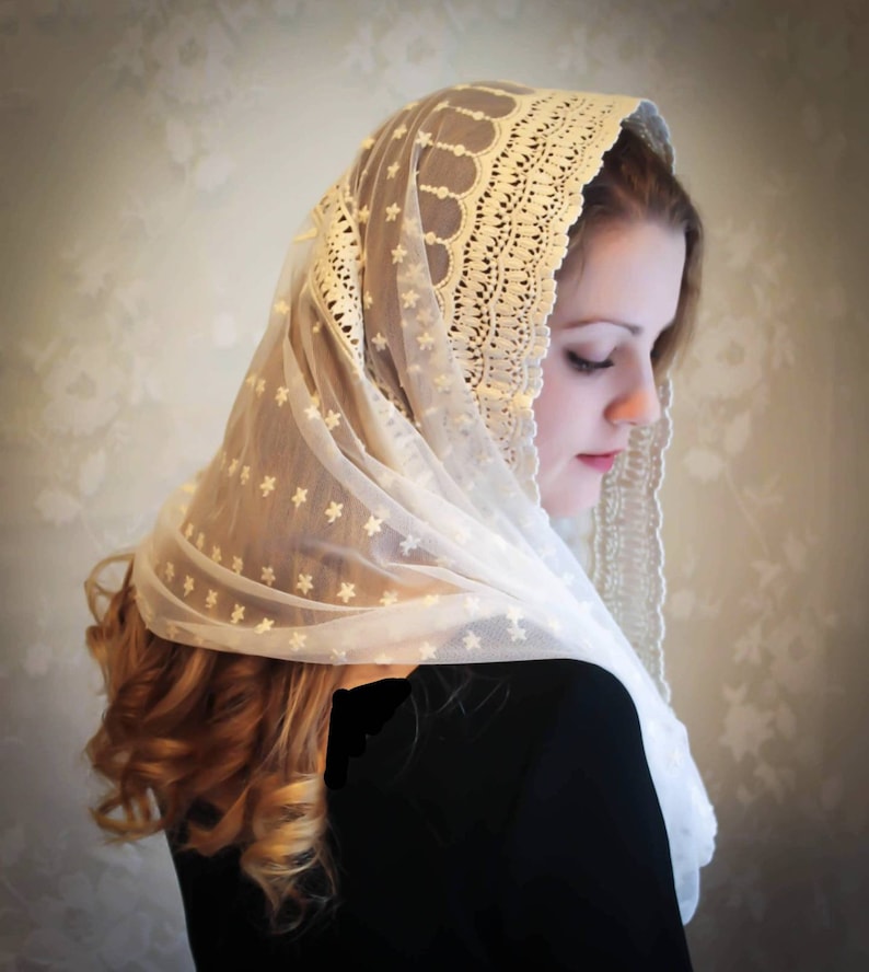 Evintage Veils READY TO SHIP Stella Maris Ivory or Black Wrap-Style Chapel Veil Mantilla Latin Mass image 10