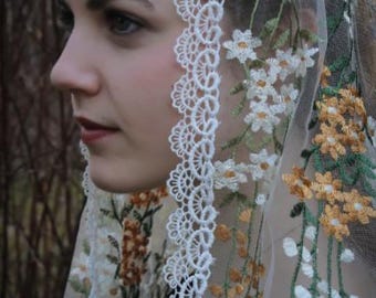 Evintage Veils~ READY TO SHIP! "D" Style Wildflowers Lace  Floral Vintage Inspired Lace Chapel Veil Scarf Mantilla-