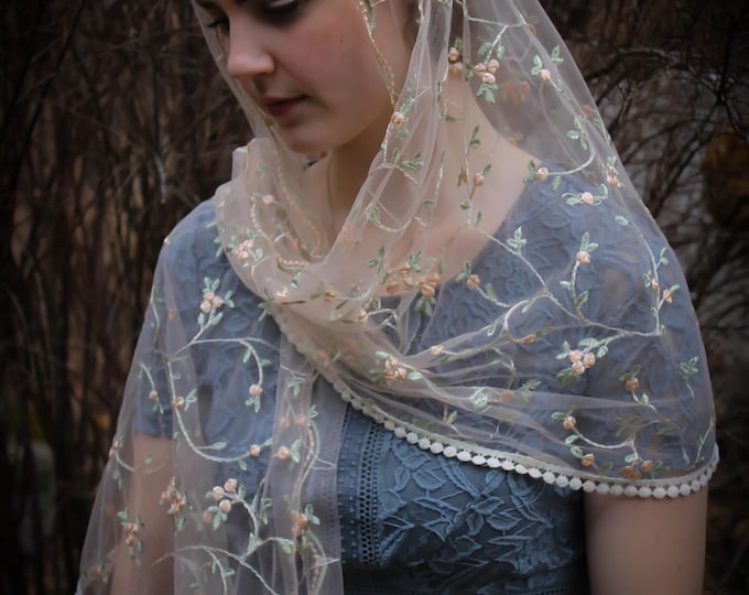 Evintage Veils~READY TO SHIP  St. Therese Little Flower Blush Pink Wrap Style Veil