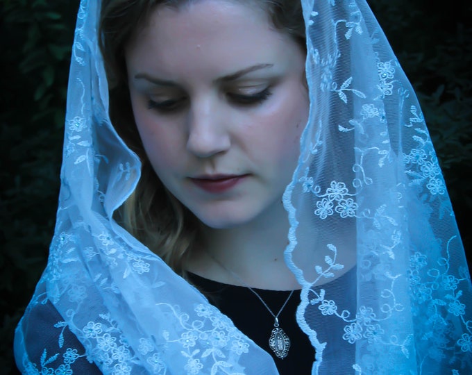 Evintage Veils: READY TO SHIP Lovely Marian Blue Embroidered Lace Infinity Mantilla Chapel Veil