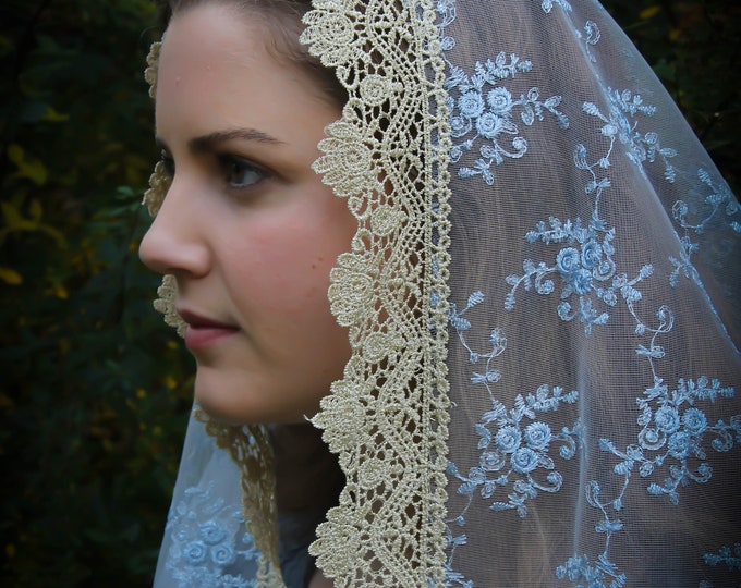 Evintage Veils~ Our Lady of the Rosary "Joyful Mysteries" Marian Blue & Gold D Shape Veil