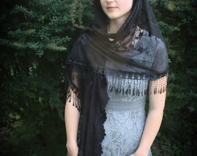 Evintage Veils~Our Lady of Guadalupe Black Wrap-Style Chapel Veil Mantilla Latin Mass