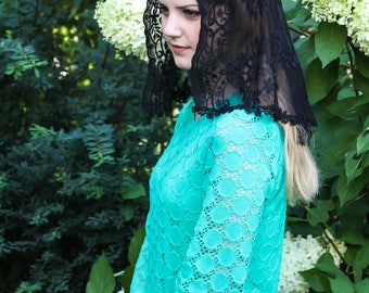 Evintage Veils~ Our Lady of Fatima Black Short Embroidered Lace Chapel Veil Mantilla D Shape Latin Mass