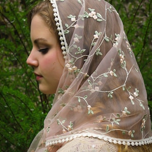 May include: A sheer, blush-colored veil with delicate floral embroidery and a scalloped edge. The veil is adorned with embroidered flowers in shades of pink and green. The veil is draped over the head and shoulders.