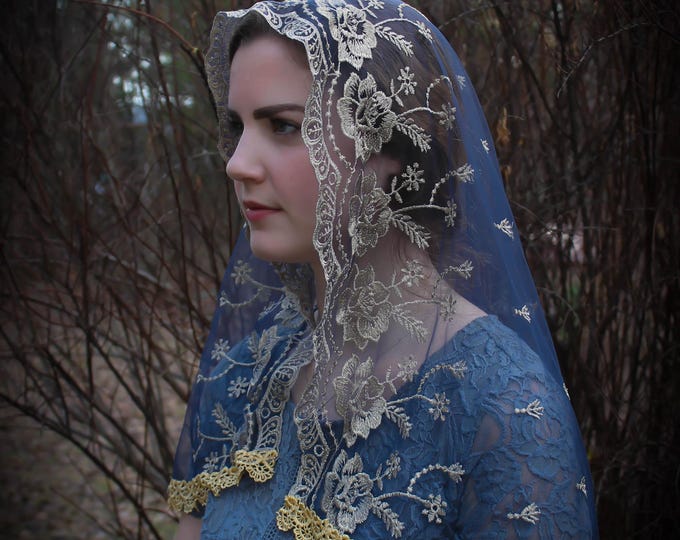 Evintage Veils~  Our Lady of Guadalupe Floral Embroidered D Shaped Veil Three Colors!