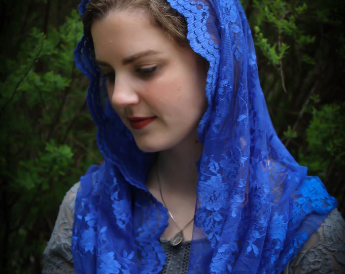 Evintage Veils~ READY TO SHIP  Chantilly  Royal Blue or Pentecost Red Lace Infinity  Veil Vintage Inspired Scarf Mantilla