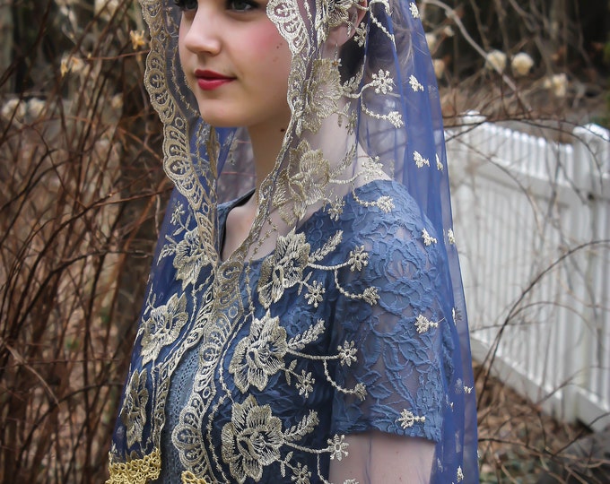 Evintage Veils~ Our Lady of Guadalupe Floral Gold & Navy Embroidered D Shaped Veil~  Soft and Light! LONG OR SHORT