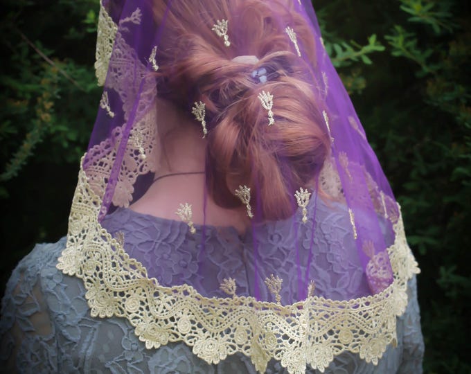 Evintage Veils~ Princess Style Purple and Gold Lace Traditional Catholic Lace  Mantilla Chapel Veil