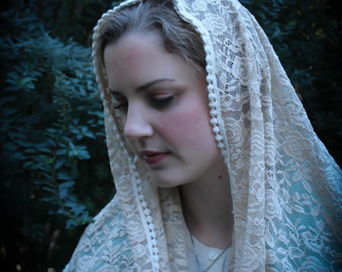 Evintage Veils~ Mystical Rose Traditional  Beige Lace Vintage Inspired Lace  Triangle  Mantilla Chapel Veil (Soft)