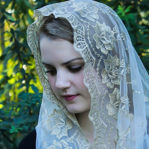 Evintage Veils~ Our Lady of Guadalupe Lovely Soft Ivory &Gold Embroidered  Traditional Vintage Inspired Infinity Veil Mantilla Chapel Veil