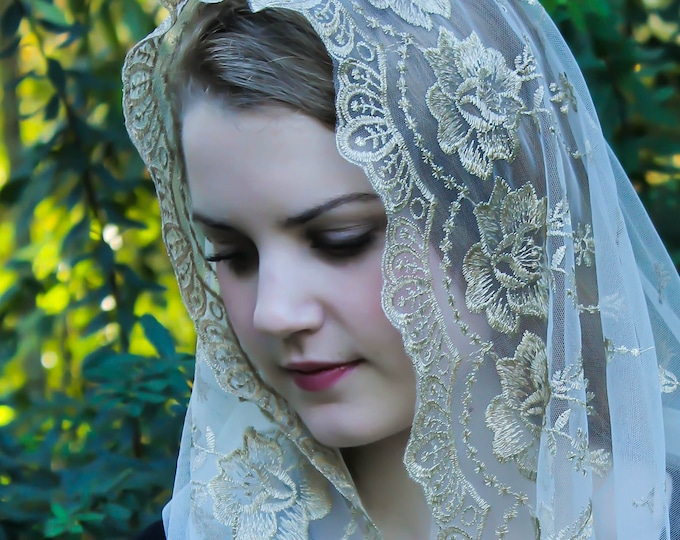 Evintage Veils~ Our Lady of Guadalupe Lovely Soft Ivory &Gold Embroidered  Traditional Vintage Inspired Infinity Veil Mantilla Chapel Veil