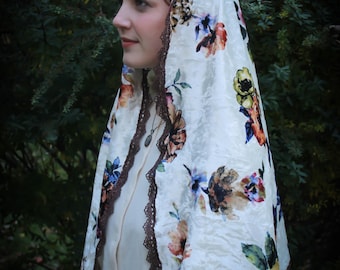 Evintage Veils~Cream  Velvet Raining Roses  Wrap Mantilla Floral Vintage Inspired Lace Chapel Veil Scarf Mantilla-