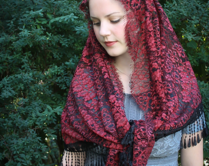 Evintage Veils~Wrap Style  Glorious Mysteries Crimson & Black  Lace Mantilla Chapel Veil  Mantilla Shawl Fringe Trim