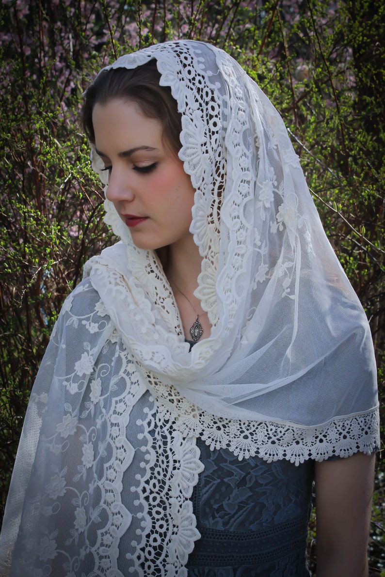 Evintage VeilsOur Lady of Guadalupe Ivory or Black Wrap-Style Chapel Veil Mantilla Latin Mass image 6