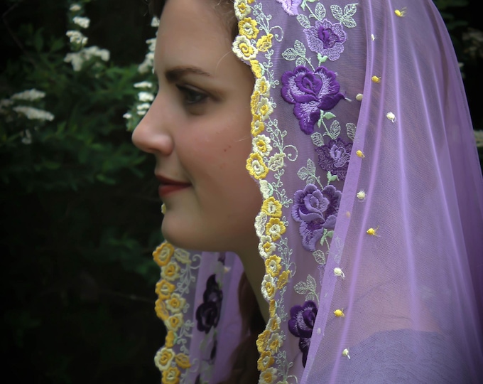 Evintage Veils~ Our Lady Lilac Roses Embroidered  Lace Chapel Veil Mantilla D Shape