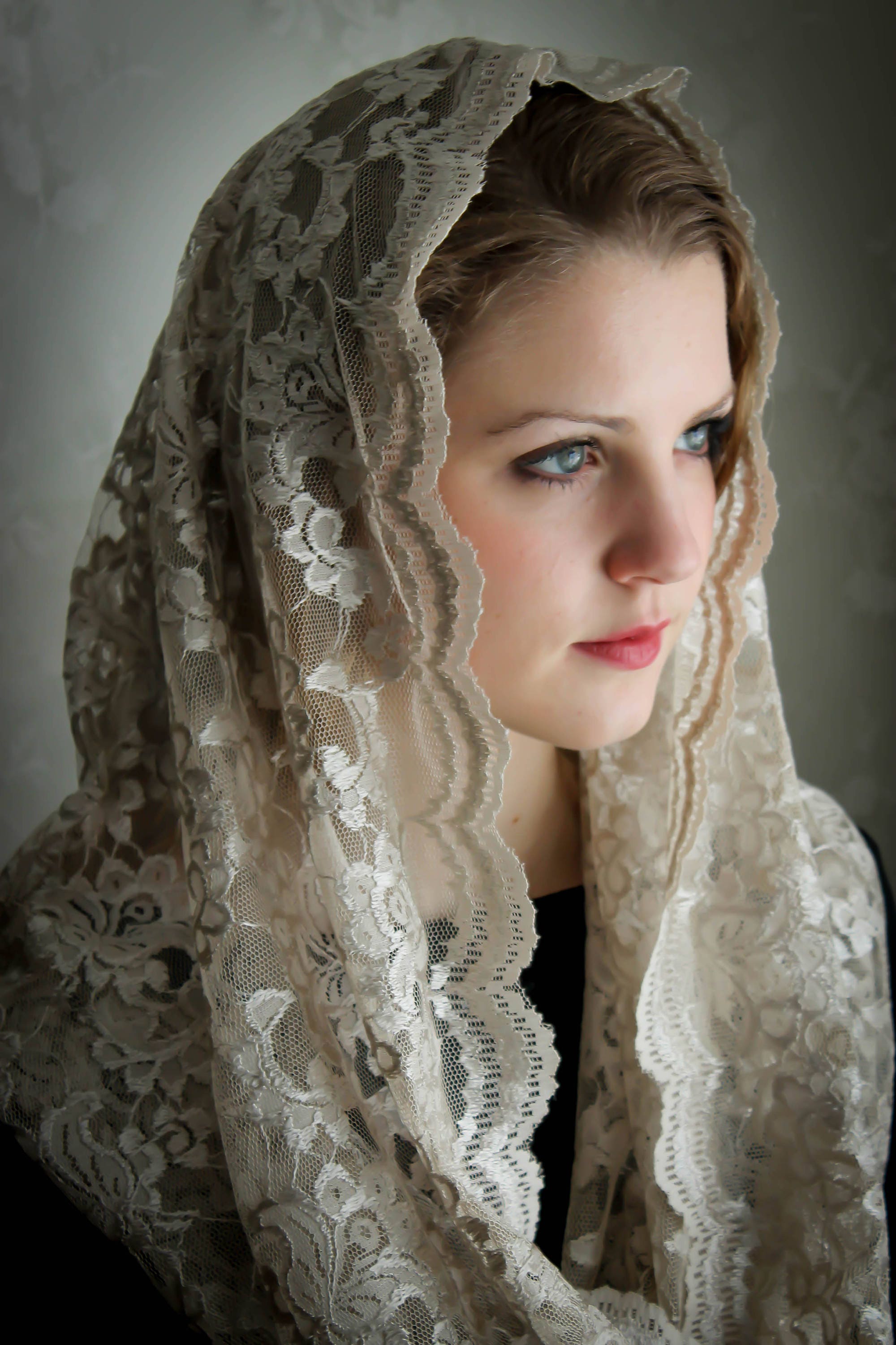 Evintage Veils Our Lady Soft Taupe Embroidered Lace Chapel Veil