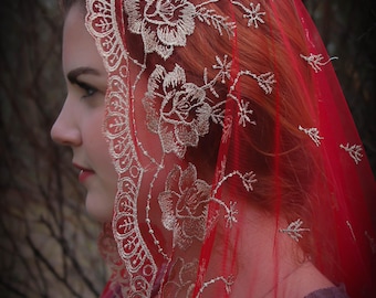 Evintage Veils~  Our Lady of Guadalupe Floral Embroidered D Shaped Veil