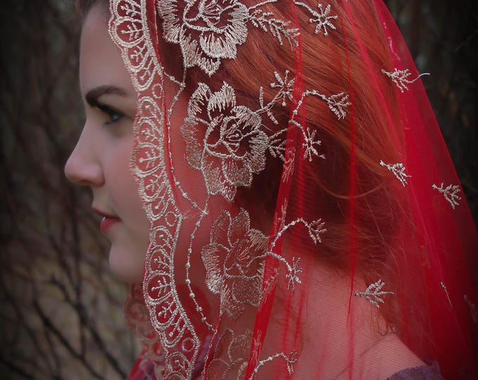 Evintage Veils~  Our Lady of Guadalupe Floral Embroidered D Shaped Veil