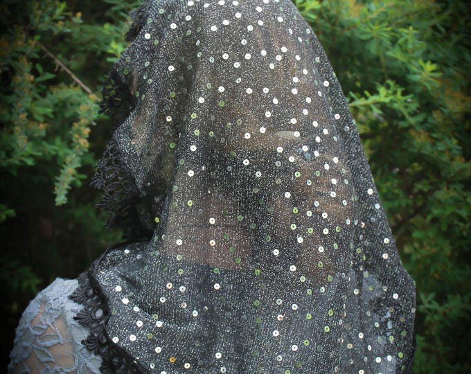 Evintage Veils~ Princess Style Black and Silver Lace Traditional Catholic Lace  Mantilla Chapel Veil