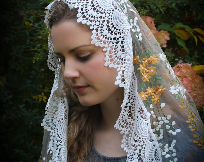 Evintage Veils~ Our Lady of the Rosary "Joyful Mysteries"  D Shape Veil
