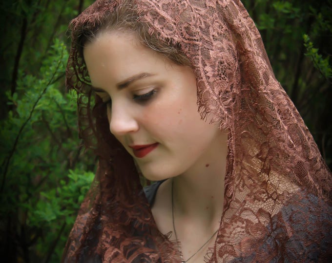 Evintage Veils~ Long Brown Spanish  Style Lace Floral Lace Mantilla Chapel Veil Classic D Shape