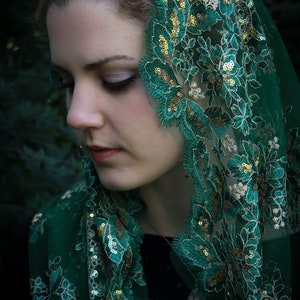 Evintage Veils~READY TO SHIP  Queen of Peace Green & Gold Sequin Embroidered Lace Chapel Veil Mantilla Infinity Veil Latin Mass