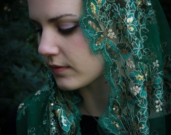 Evintage Veils~READY TO SHIP  Queen of Peace Green & Gold Sequin Embroidered Lace Chapel Veil Mantilla Infinity Veil Latin Mass