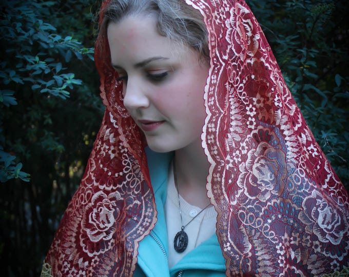 Evintage Veils~ Pentecost Red and Gold  Lace Mantilla Chapel Veil  D Shape or Princess  Mantilla