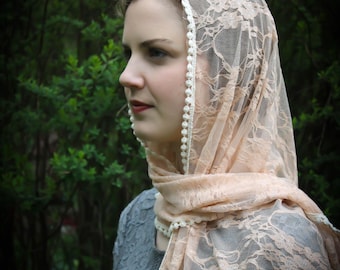 Evintage Veils~  Champagne Peach Floral Lace Vintage Inspired Lace Chapel Veil Scarf Mantilla Wrap Shawl