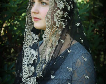 Evintage Veils~ Our Lady of Guadalupe Black Lovely Embroidered  Traditional Vintage Inspired Wrap-Style Mantilla Chapel Veil