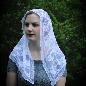 May include: A white lace veil with a floral pattern. The veil is draped over the head and shoulders. The person is wearing a gray lace dress. The background is a blurred green foliage.