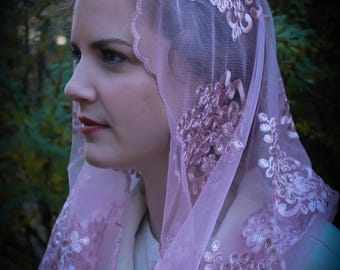 Evintage Veils~ READY TO SHIP  Gaudete  Rose Infinity Veil Embroidered  Lace Chapel Veil Mantilla
