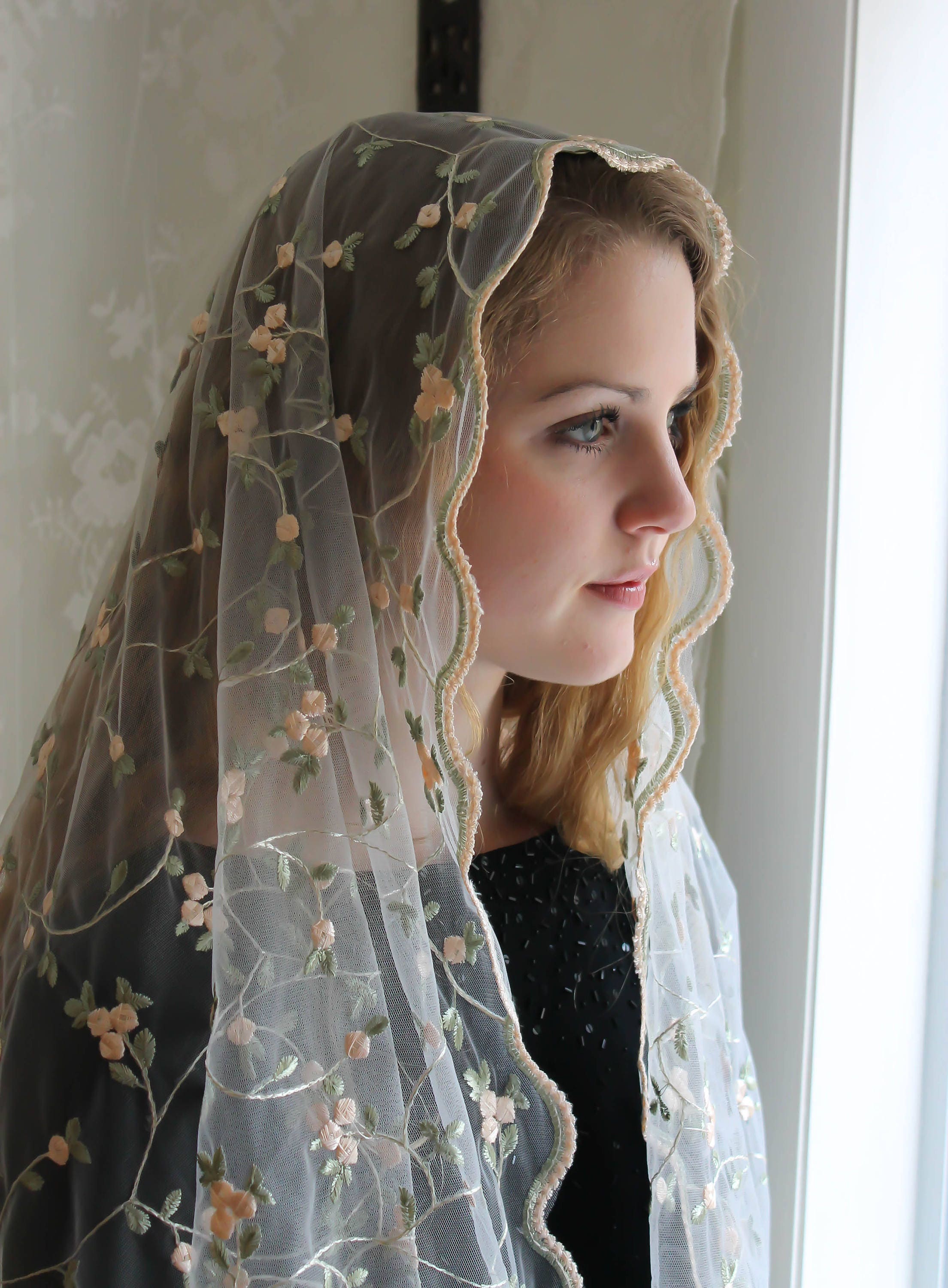 The Isabella- Mantilla Applique Lace Veil – Blanca Veils