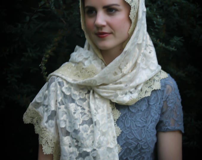 Evintage Veils~ St Therese Showers of Roses Golden Embroidered  Lace Chapel Veil Mantilla Wrap