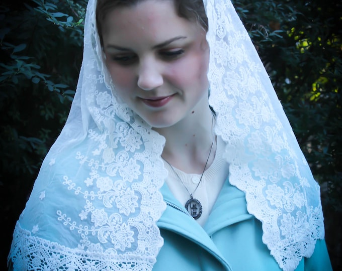 Evintage Veils~ Our Lady of the Lily  Cream White Embroidered  Lace Chapel Veil Mantilla D Shape
