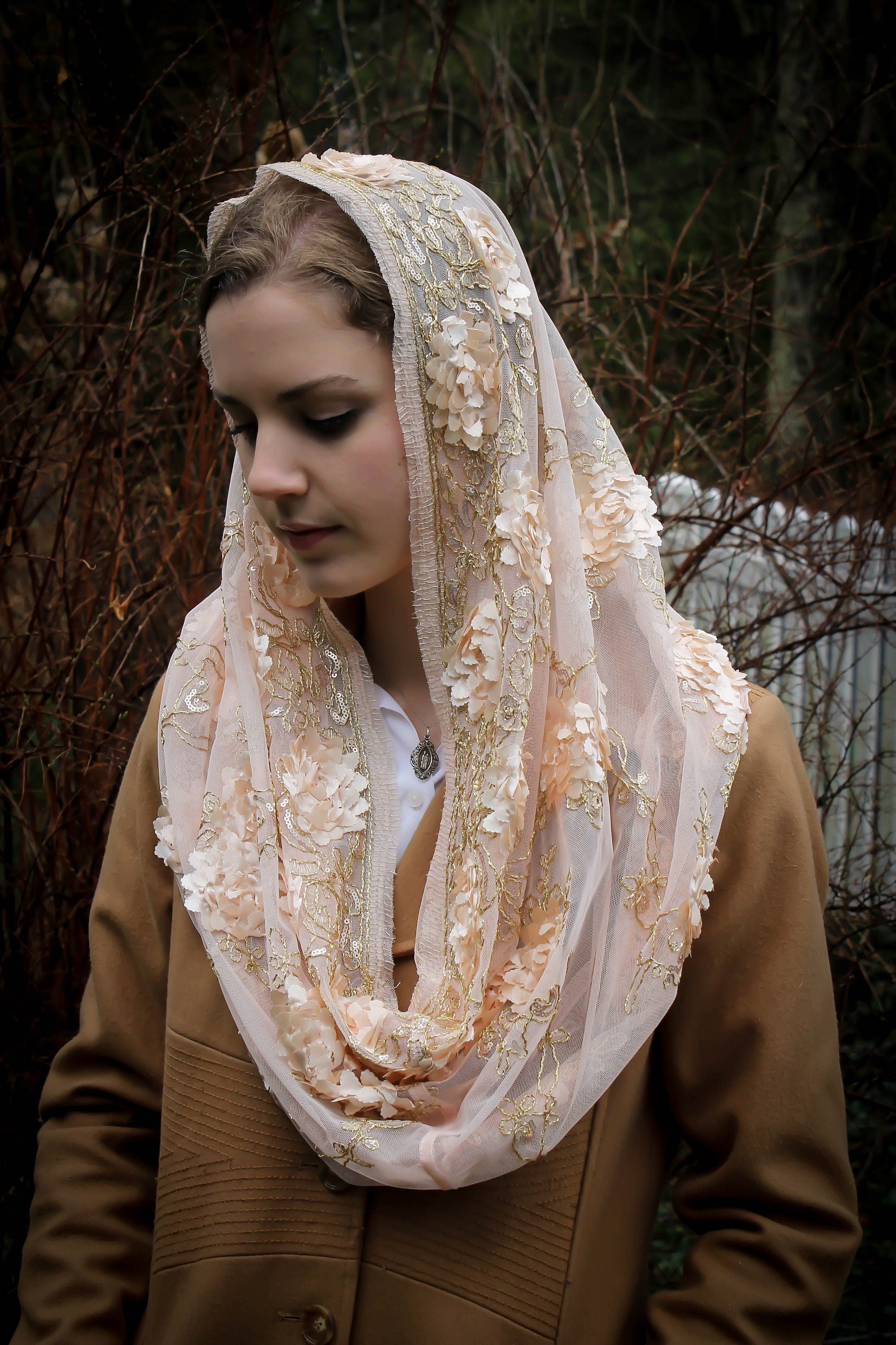 Evintage Veils Queen of Peace Soft Roses THREE COLORS Embroidered Lace