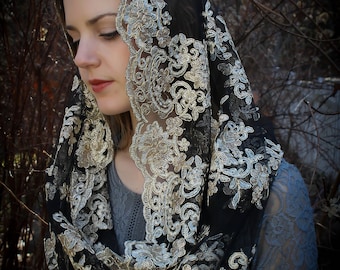 Evintage Veils~ READY TO SHIP Queen of Peace Black & Gold Sequin Embroidered Lace Chapel Veil Mantilla Infinity Veil Latin Mass