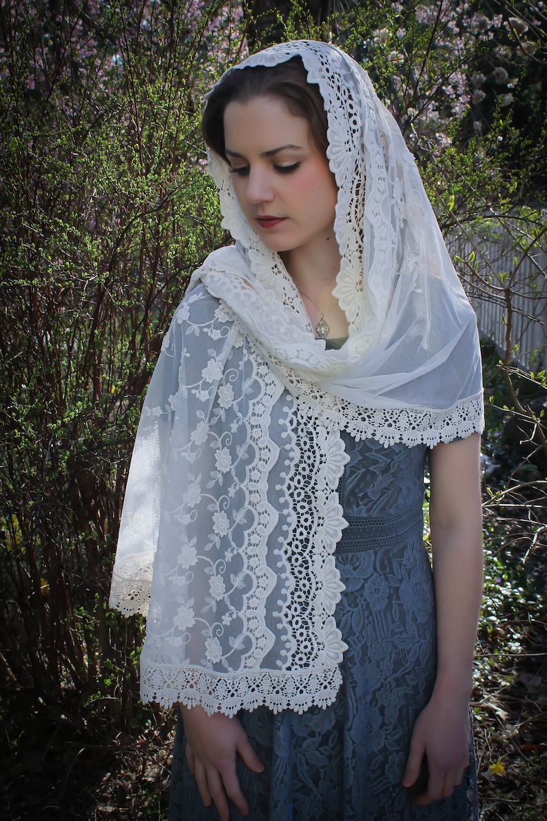 Evintage VeilsOur Lady of Guadalupe Ivory or Black Wrap-Style Chapel Veil Mantilla Latin Mass image 1