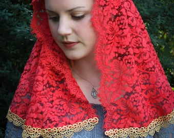 Evintage Veils~ Pentecost Red and Gold  Lace Mantilla Chapel Veil  D Shape or Princess  Mantilla