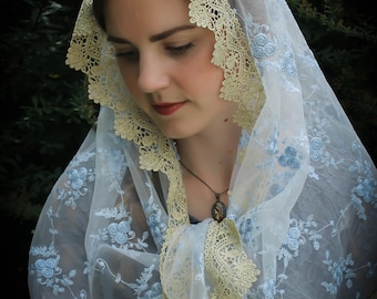 Evintage Veils~ Our Lady of the Rosary "Joyful Mysteries"  Marian Blue Lace Chapel Veil Mantilla Wrap