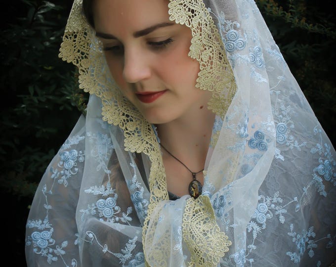 Evintage Veils~ Our Lady of the Rosary "Joyful Mysteries"  Marian Blue Lace Chapel Veil Mantilla Wrap