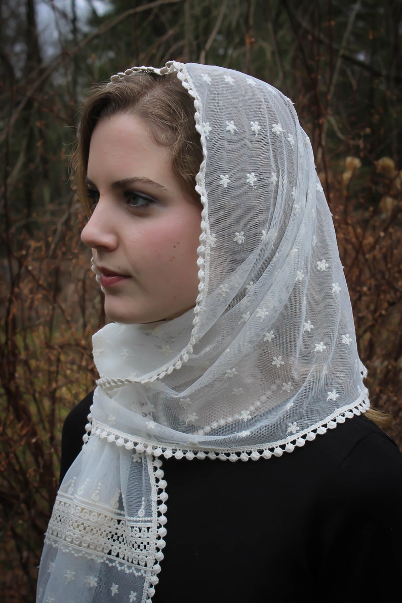 Evintage Veils Stella Maris Ivory or Black Small Wrap-Style Chapel Veil Mantilla Latin Mass image 4