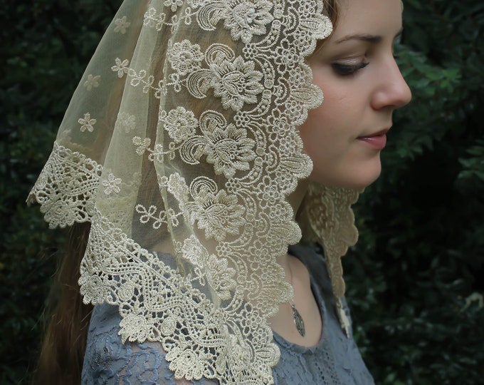 Evintage Veils~ READY TO SHIP Our Lady of the Lily  Gold Embroidered  Lace Chapel Veil Mantilla Triangle Veil
