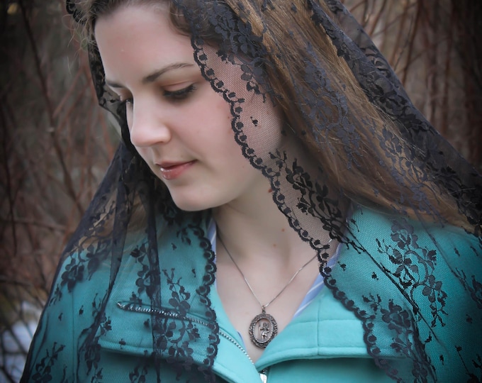 Evintage Veils~ Our Lady of Good Counsel Chantilly Lace Chapel Veil Mantilla D Shape Latin Mass
