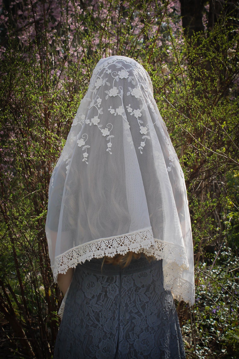 Evintage VeilsOur Lady of Guadalupe Ivory or Black Wrap-Style Chapel Veil Mantilla Latin Mass image 9