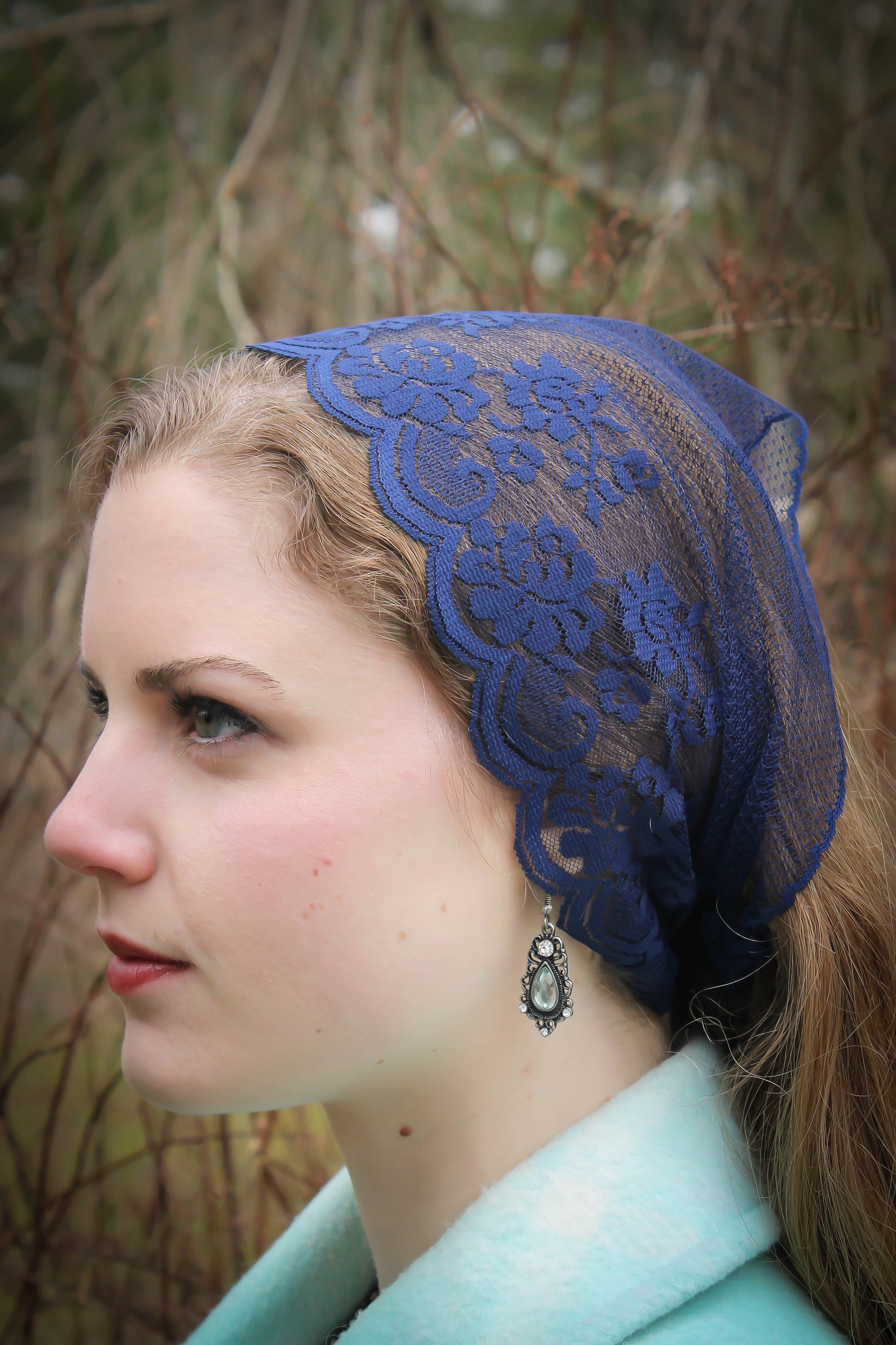 Evintage Veils So Soft Headwrap Deep Navy Blue Chantilly Lace Headband