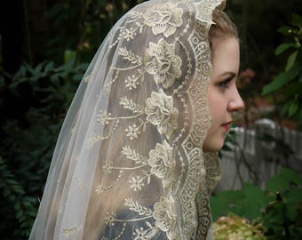 Evintage Veils~ Our Lady of Guadalupe Floral Gold & Ivory Embroidered D Shaped Veil~  Soft and Light!