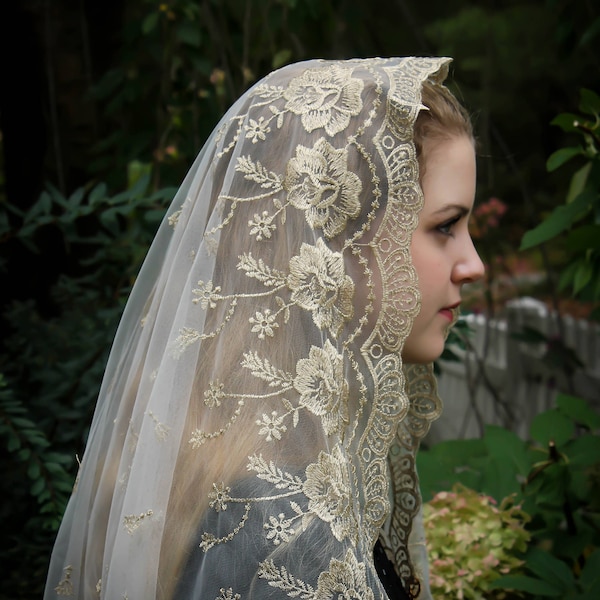 Evintage Veils~ Our Lady of Guadalupe Floral Gold & Ivory Embroidered D Shaped Veil~  Soft and Light!